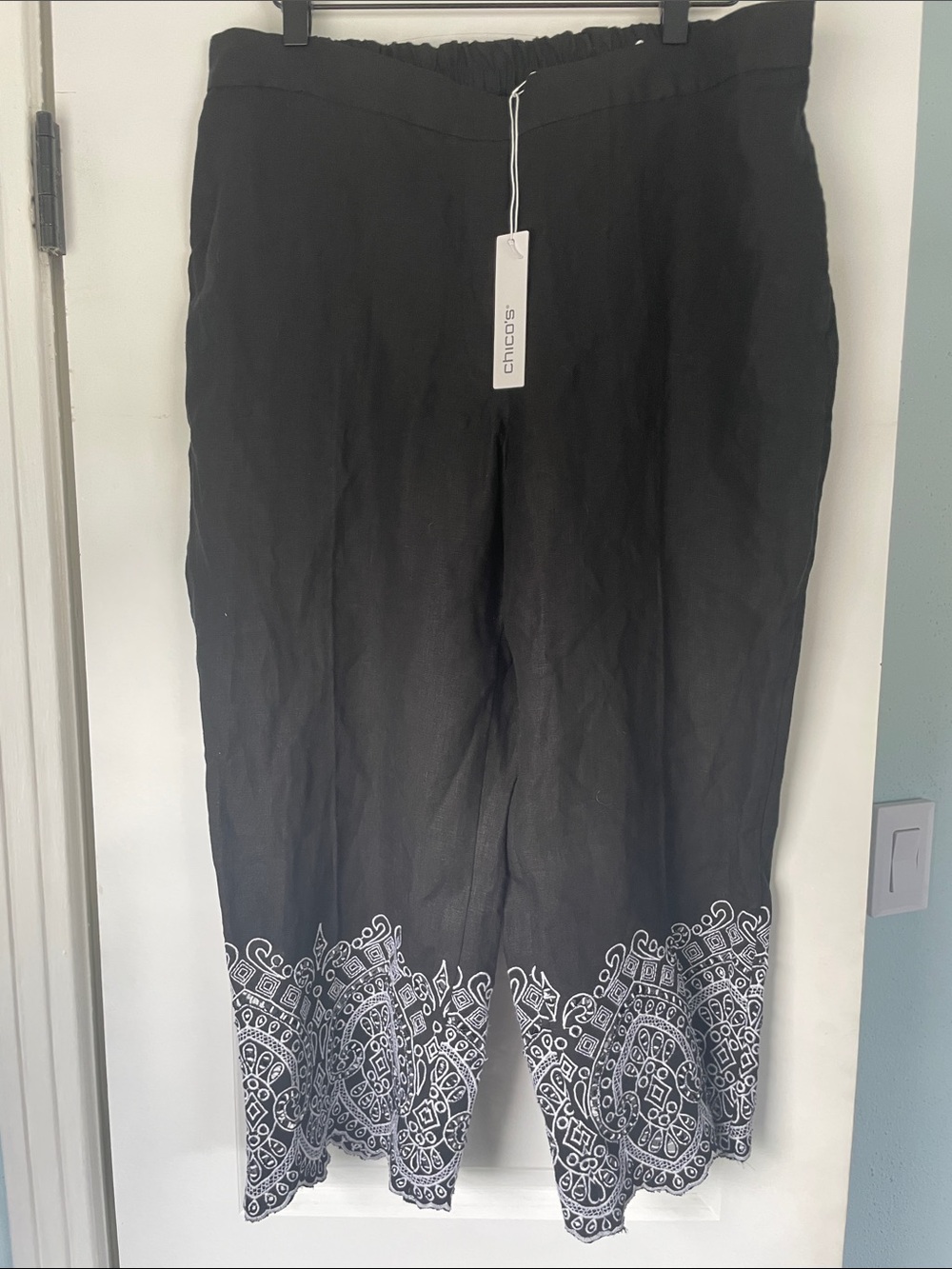 Chico's Black Linen Pants with White Eyelet Hem